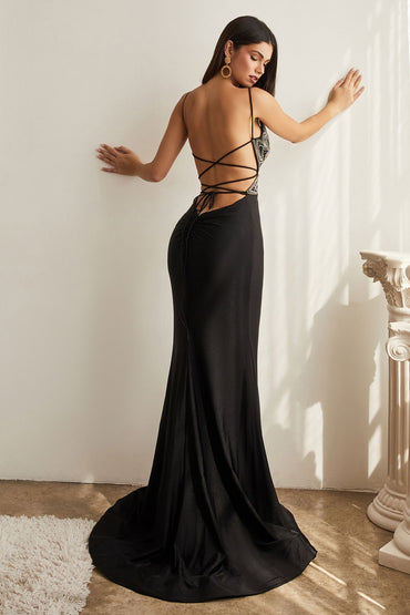 Fitted Butterfly Bust V-neck Open Back Bodice Mermaid Flattering Long Evening Dress CDCM330