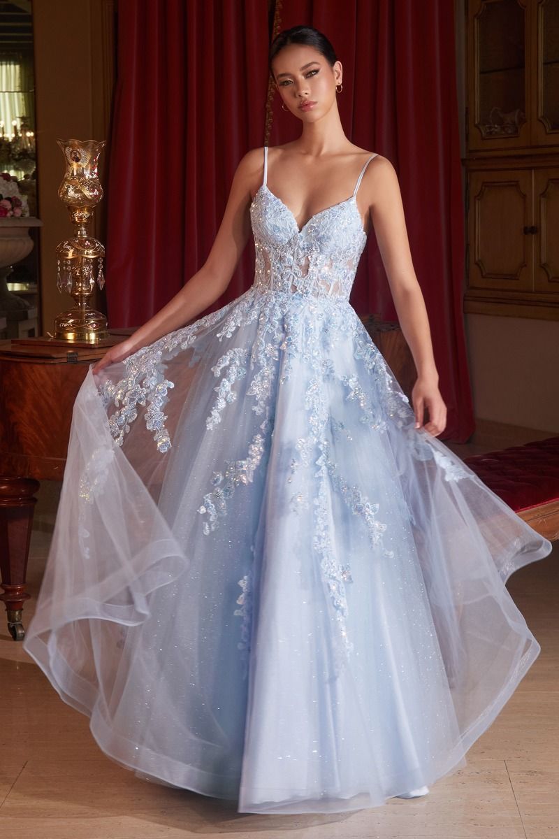 Embroidered Floral Applique Illusion Sweetheart Tulle Skirt Long Ball Dress CDCM347-3