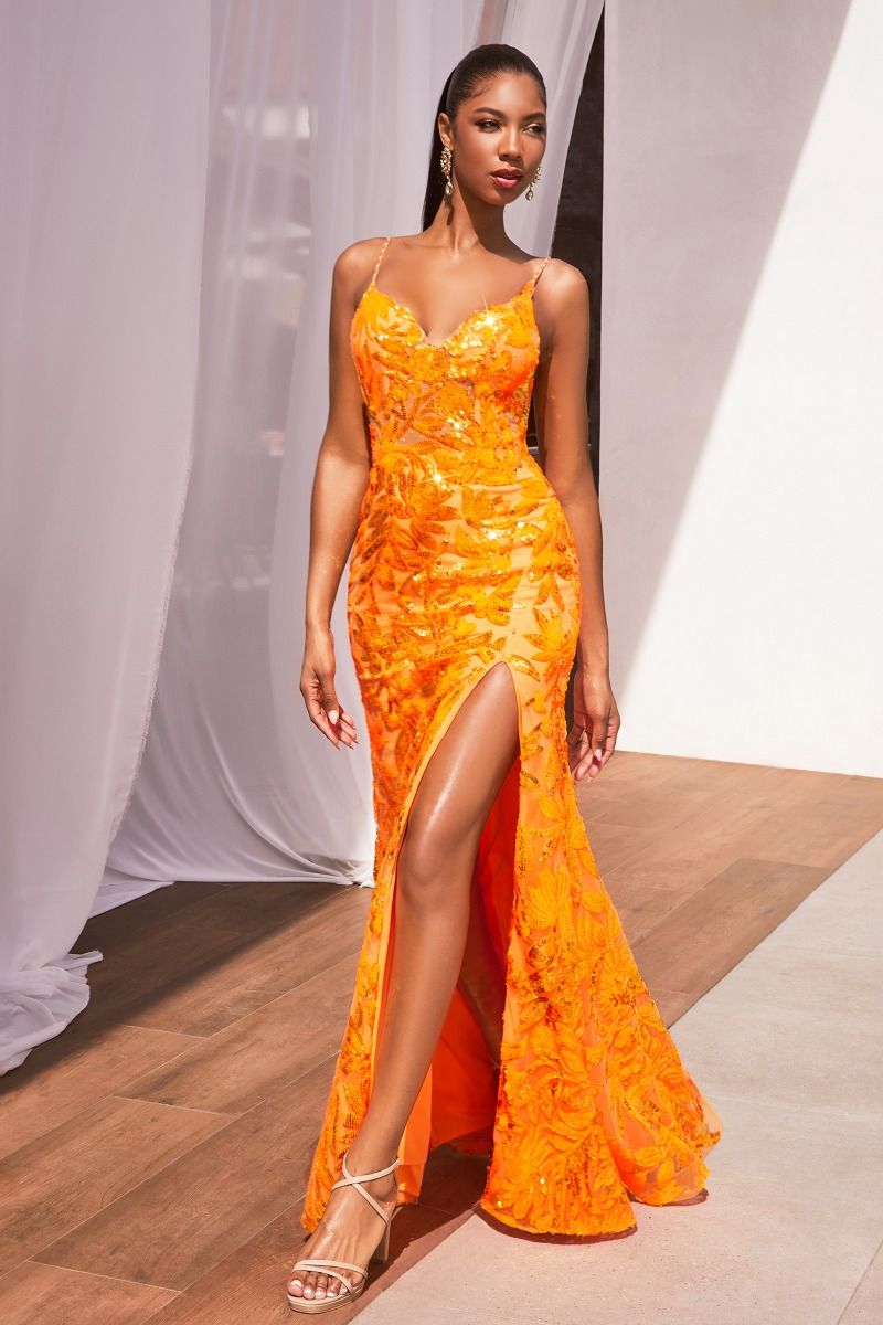 NWT FORMAL SLEEVELESS STRAPPED DAZZLING SEQUIN EMBELLISHED GOWN W/ HIGH LEG SLIT CDCM350-2