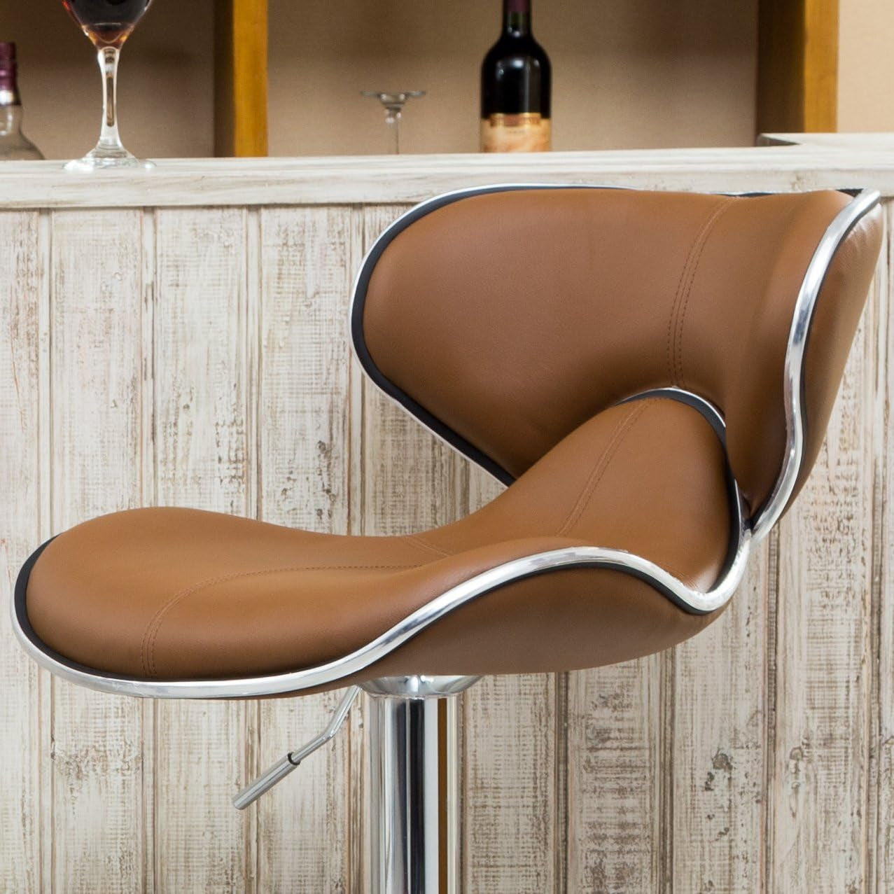 Masaccio Cushioned Leatherette Upholstery Airlift Adjustable Swivel Barstool with Chrome Base, Set of 2, Caramel-2