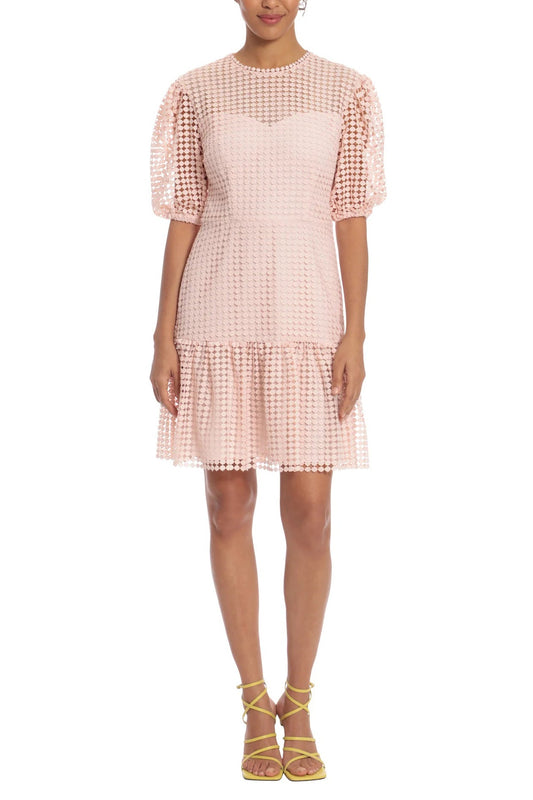 Donna Morgan Crew Neck Short Puff Sleeves Back Zipper Short Lace Dress-0