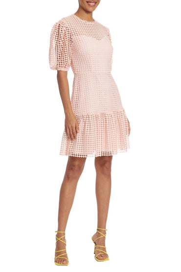 Donna Morgan Crew Neck Short Puff Sleeves Back Zipper Short Lace Dress-1