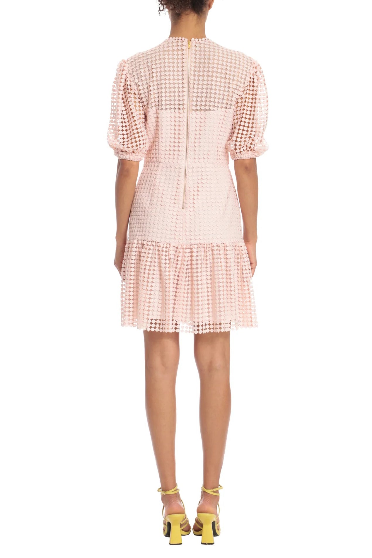 Donna Morgan Crew Neck Short Puff Sleeves Back Zipper Short Lace Dress-2