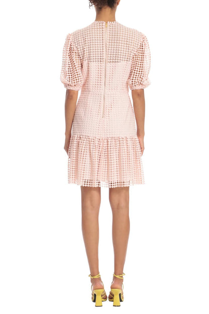 Donna Morgan Crew Neck Short Puff Sleeves Back Zipper Short Lace Dress-2