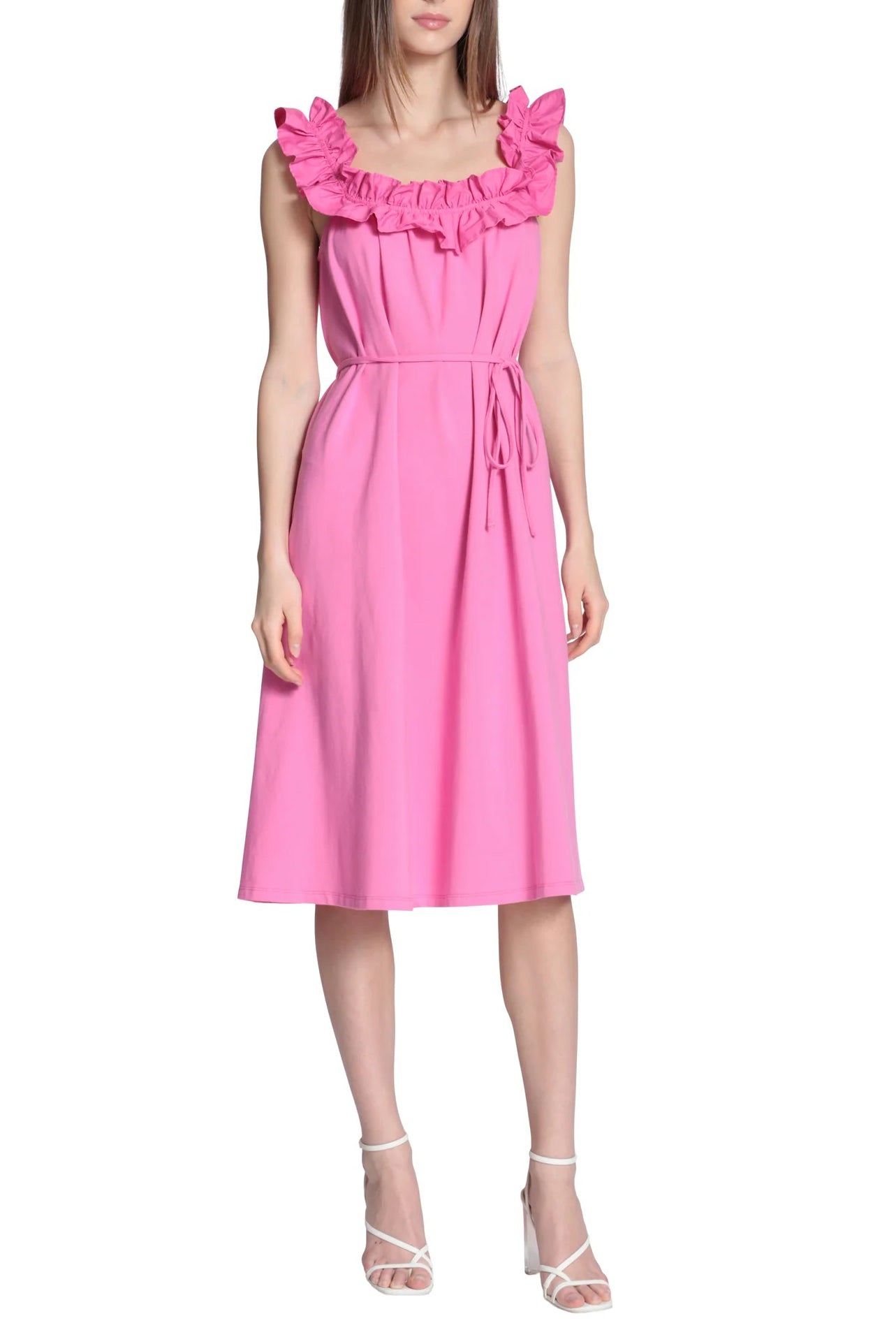 Donna Morgan Square Neck Sleeveless Back Zipper Self Waist Detail Tie Midi Cotton Dress-0