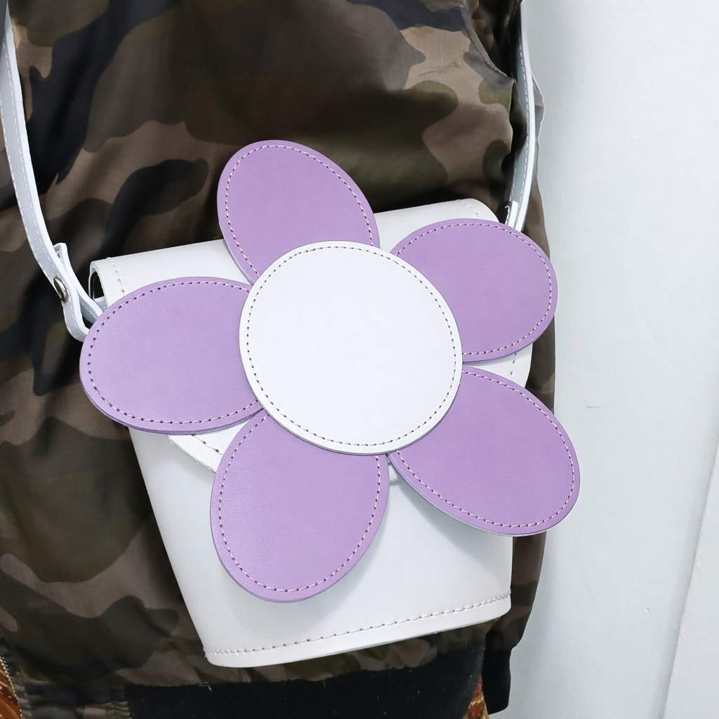 Handmade Leather Daisy Barrel Bag - White & Violet-1