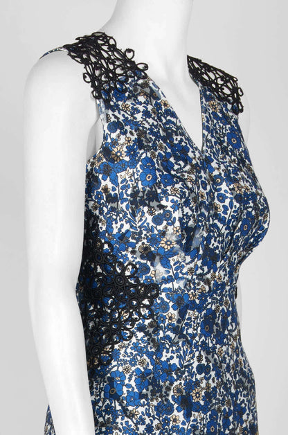 Elie Tahari V-Neck Sleeveless Zipper Back A-Line Floral Burnout Crochet Dress