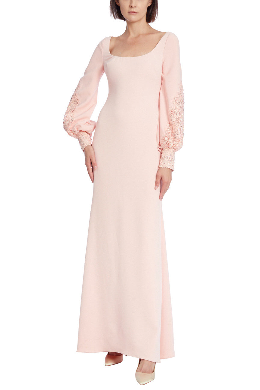 Badgley Mischka scoop neck lace detail bishop sleeve zipper back solid stretch crepe gown-0