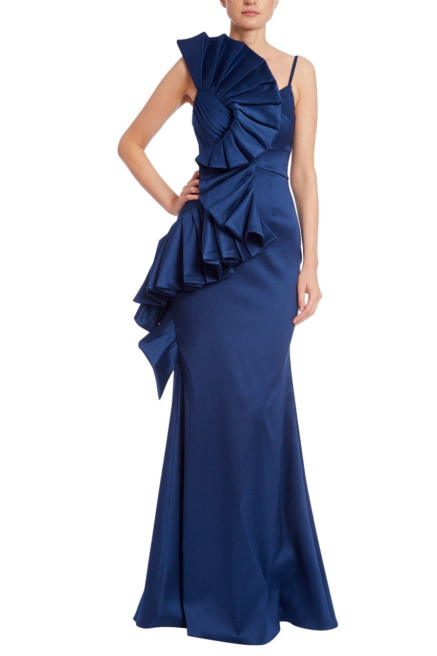 Badgley Mischka pleated swirl mikado gown