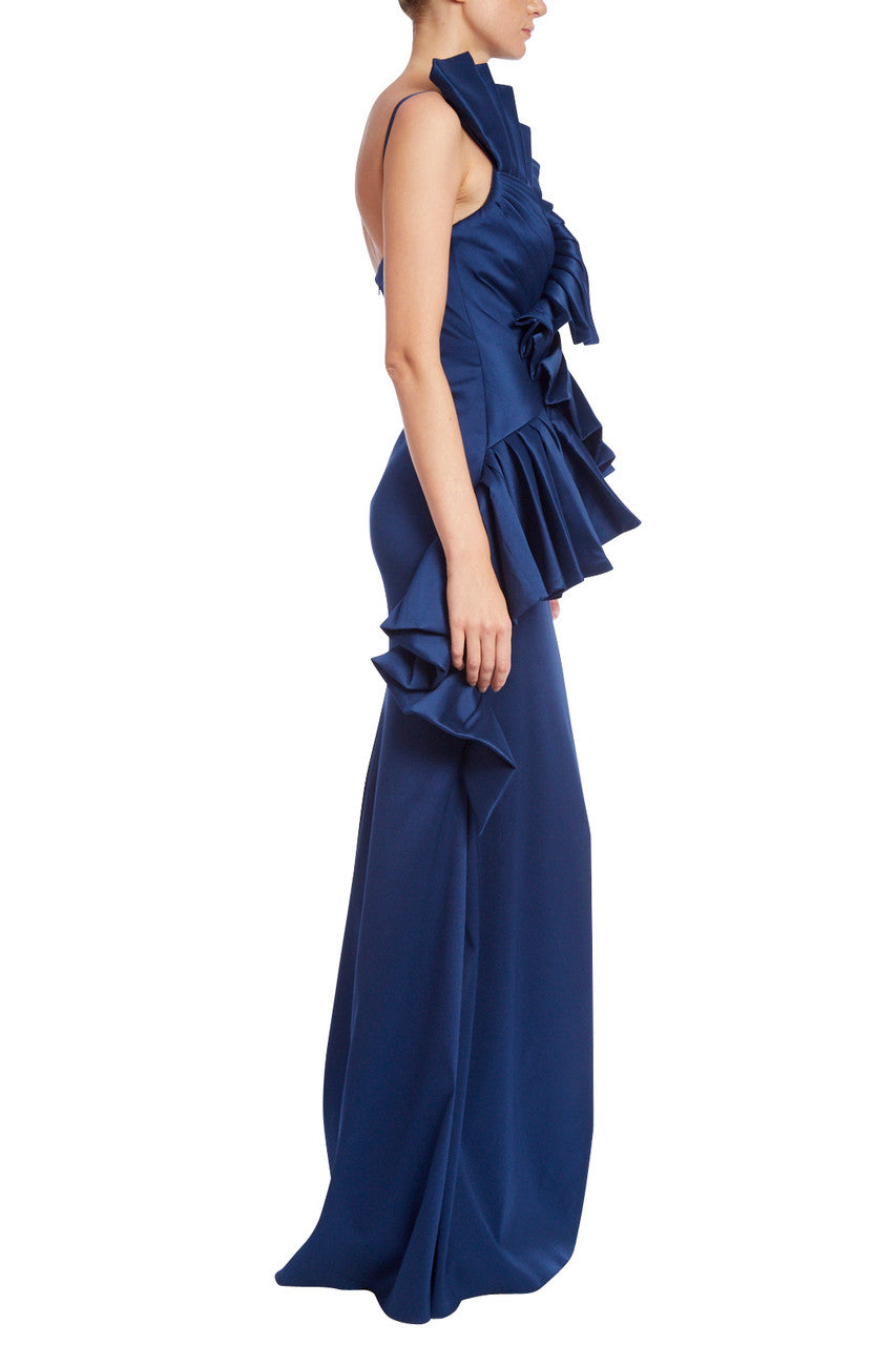 Badgley Mischka pleated swirl mikado gown