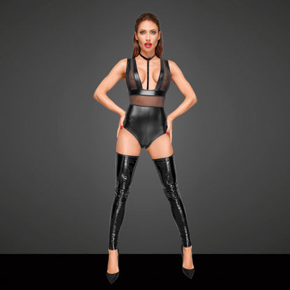 Sexy Sheer Powerwetlook Bodysuit Noir Handmade-2