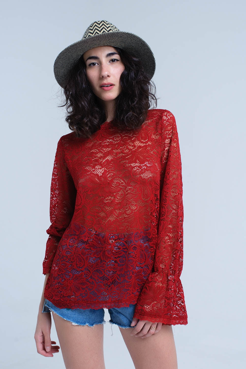 Burgundy Sheer Lace Top With Bell Sleeves-0