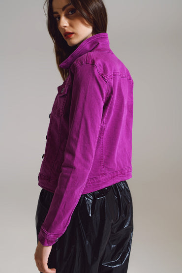 Slim Denim Trucker Jacket in Fuchsia-1
