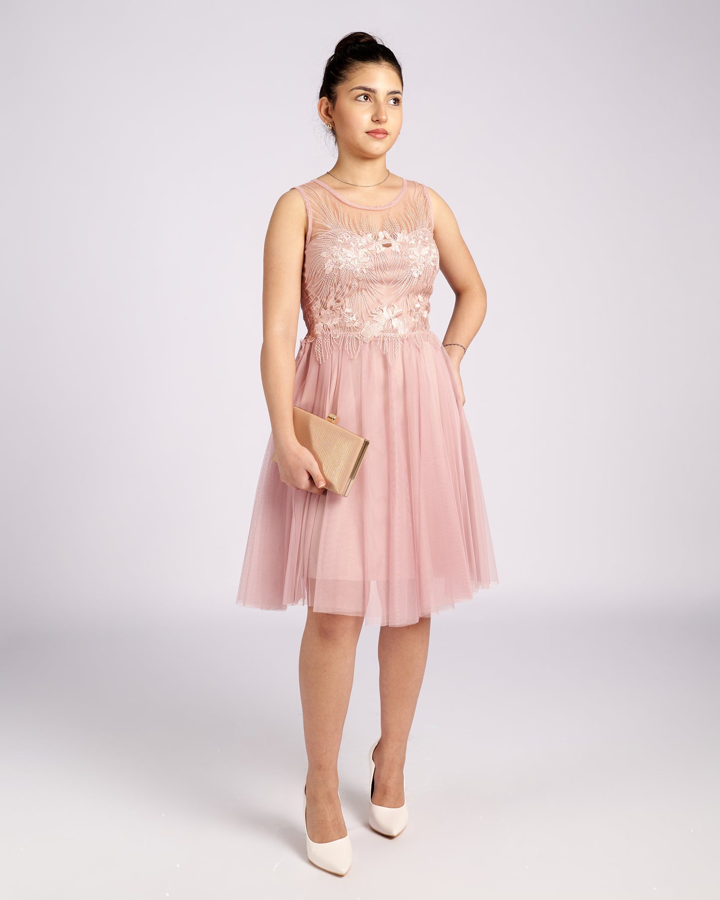 Mia Pink Tulle and Lace knee length Dress  " φορέματα βραδινά "-3