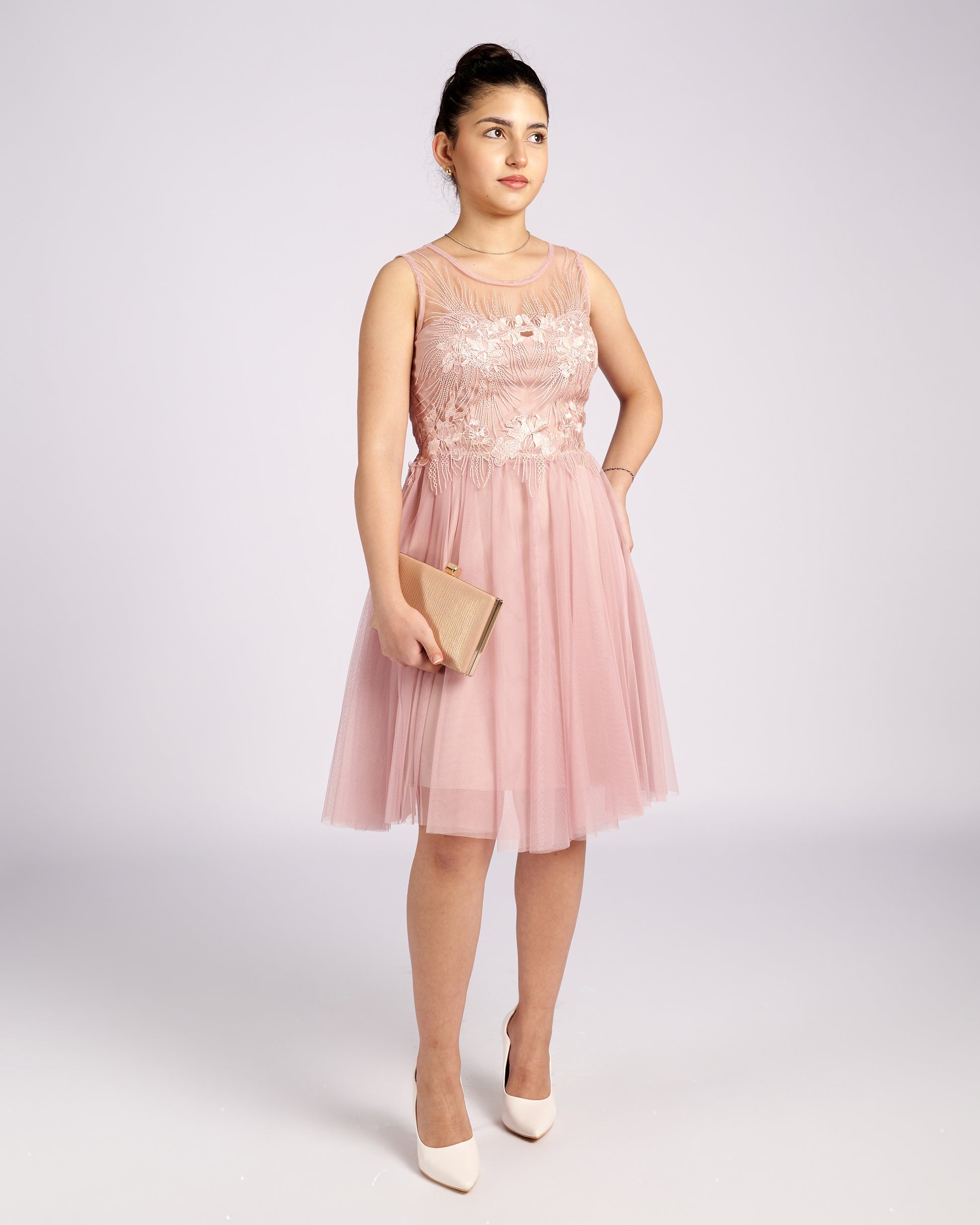 Mia Pink Tulle and Lace knee length Dress  " φορέματα βραδινά "-3