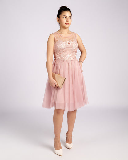 Mia Pink Tulle and Lace knee length Dress  " φορέματα βραδινά "-3