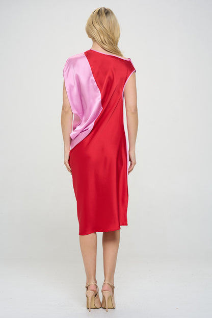 Asymmetric Color block Midi Dress with Drop Shoulder-4