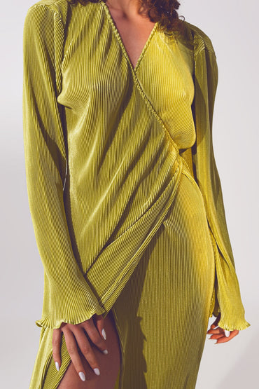 Satin Wrap Detail Pleated Dress in Green-1