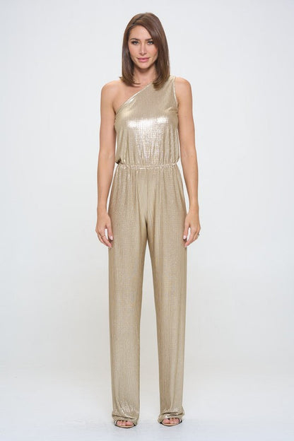 Metallic One Shoulder Wide Leg Jumpsuit-4