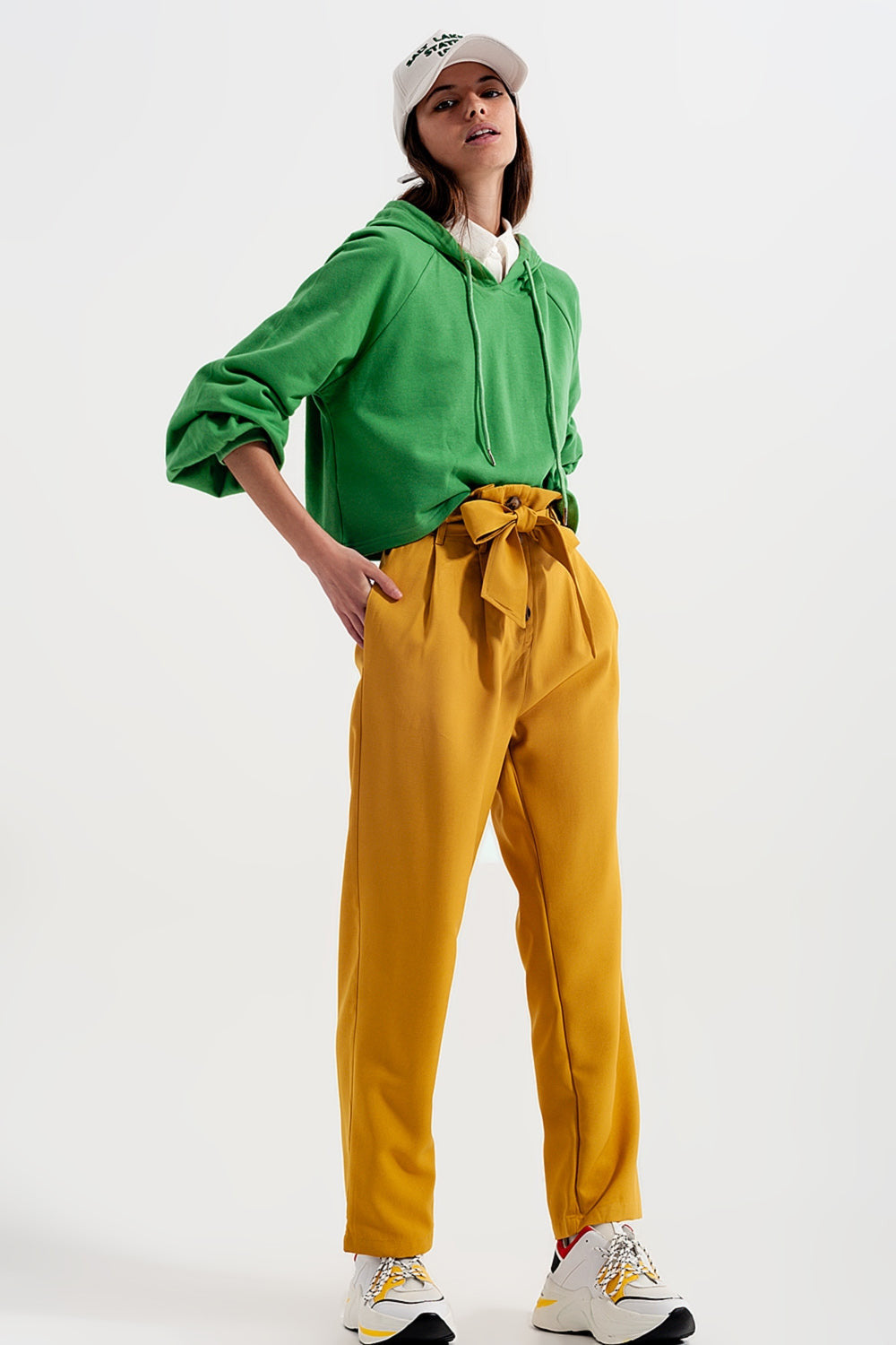 High Waist Belted Trousers in Yellow-2