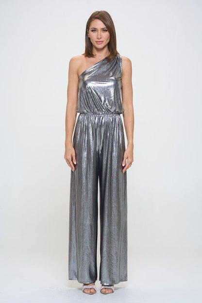 Metallic One Shoulder Wide Leg Jumpsuit