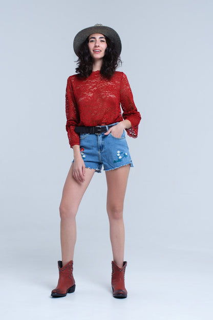 Burgundy Sheer Lace Top With Bell Sleeves-4