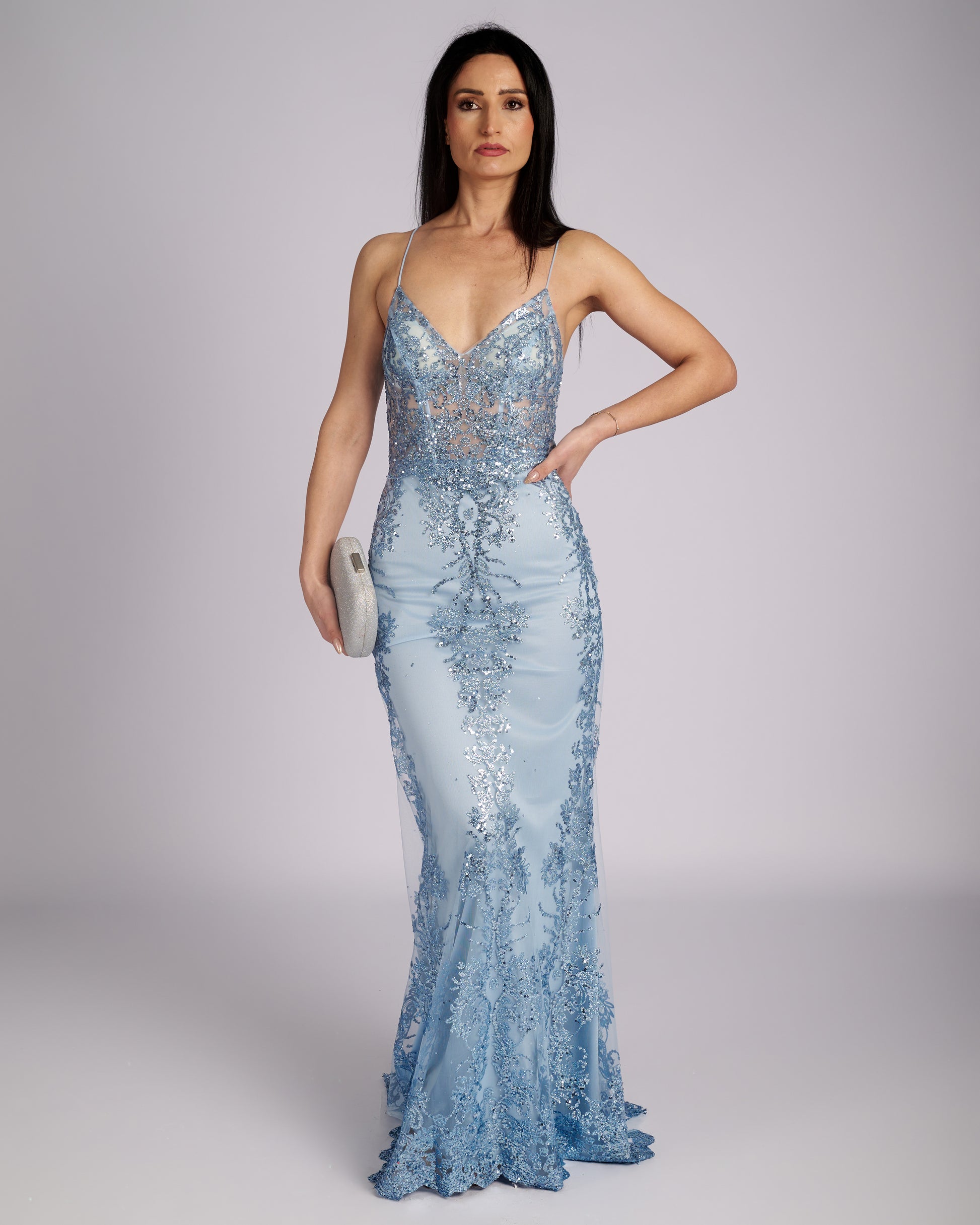 Lilian Sky Blue Glitter Sequin Detailed Lace "evening dresses"-6