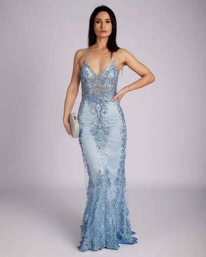 Lilian Sky Blue Glitter Sequin Detailed Lace "evening dresses"-6