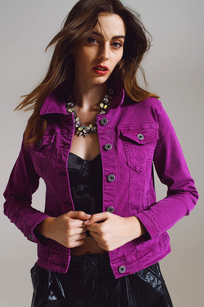 Slim Denim Trucker Jacket in Fuchsia-0