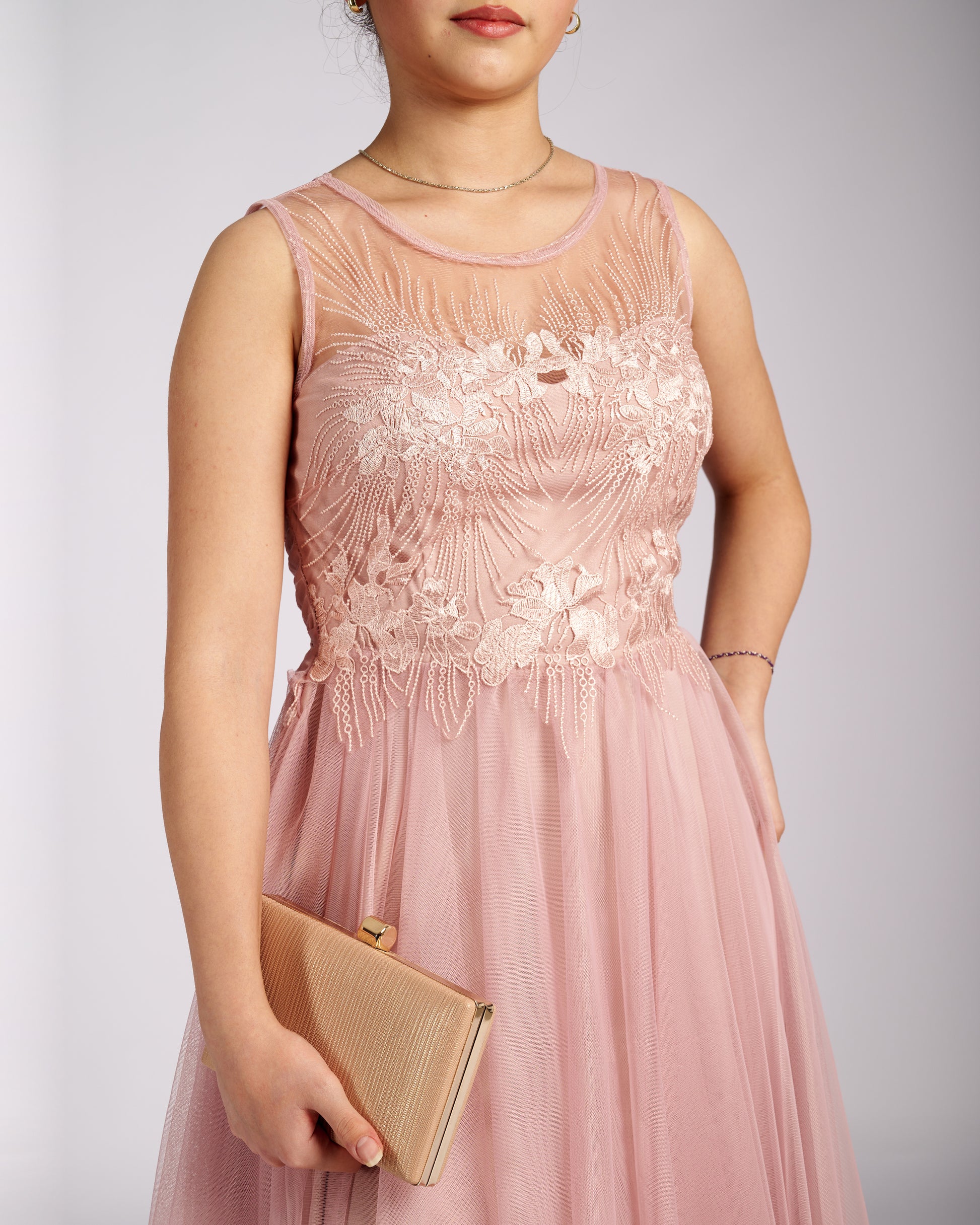 Mia Pink Tulle and Lace knee length Dress  " φορέματα βραδινά "-1