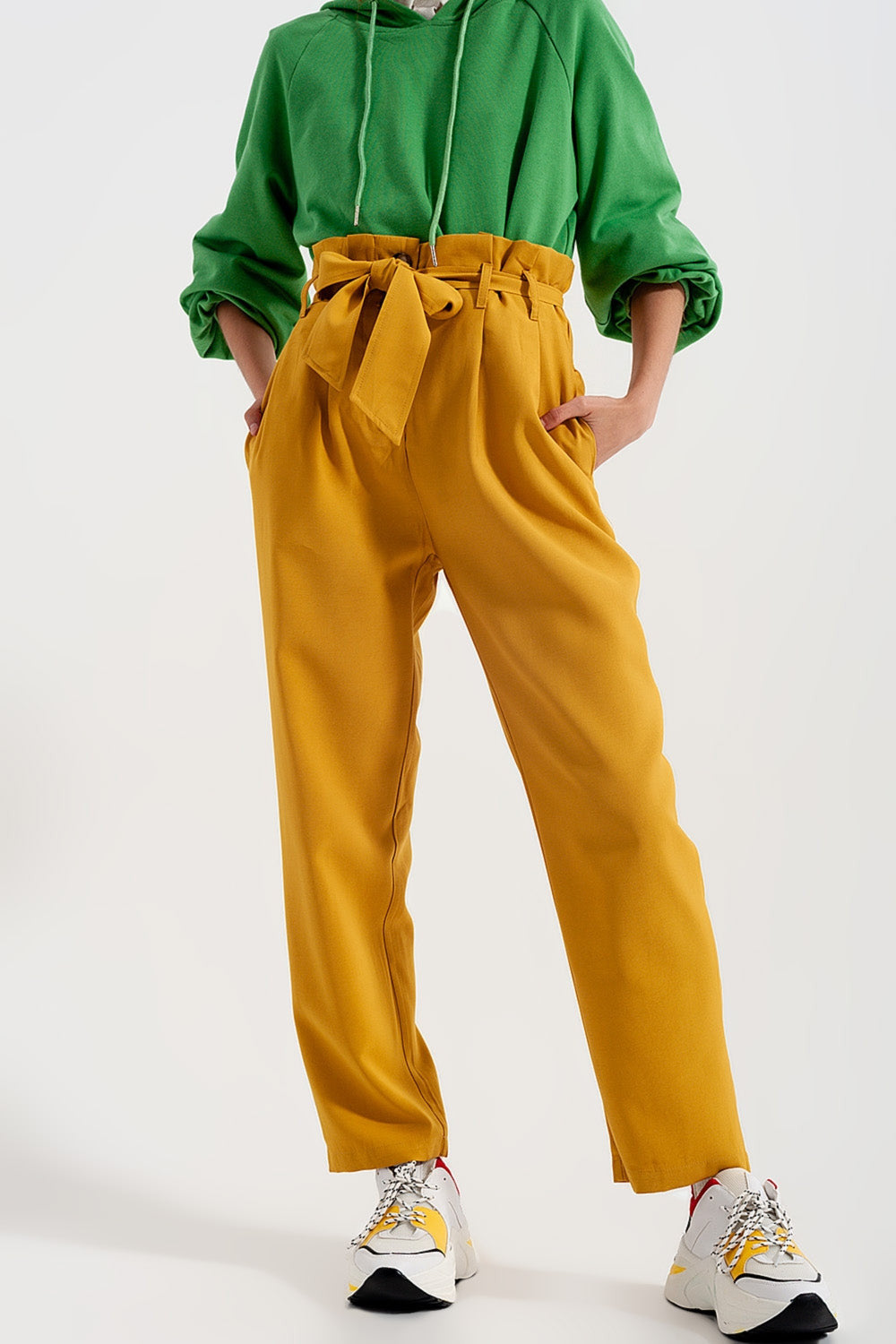 High Waist Belted Trousers in Yellow-4