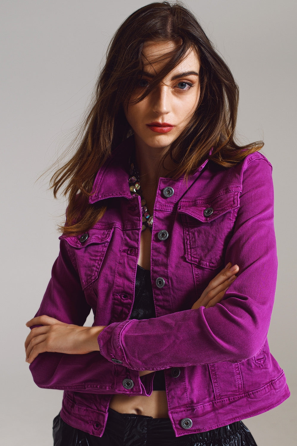 Slim Denim Trucker Jacket in Fuchsia-3