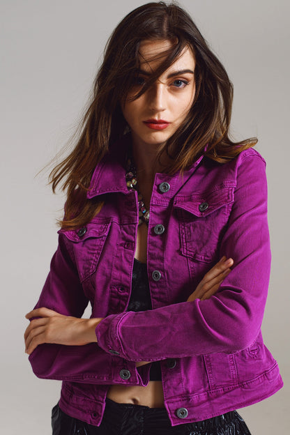 Slim Denim Trucker Jacket in Fuchsia-3