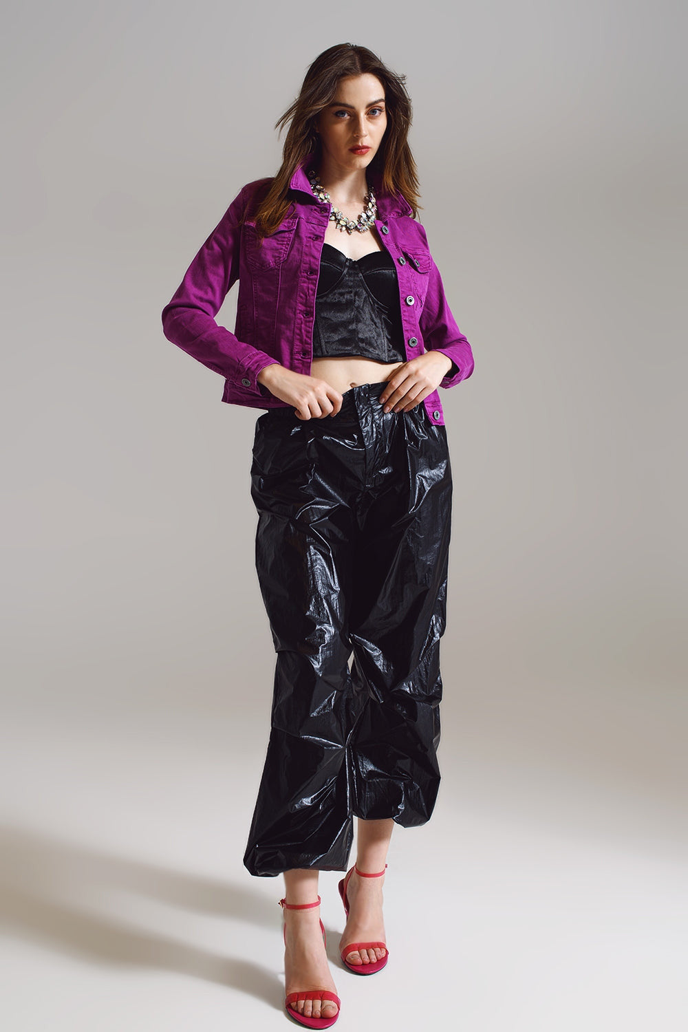 Slim Denim Trucker Jacket in Fuchsia-2