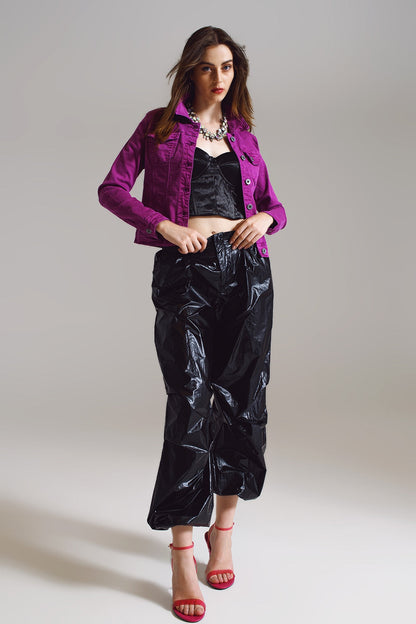 Slim Denim Trucker Jacket in Fuchsia-2