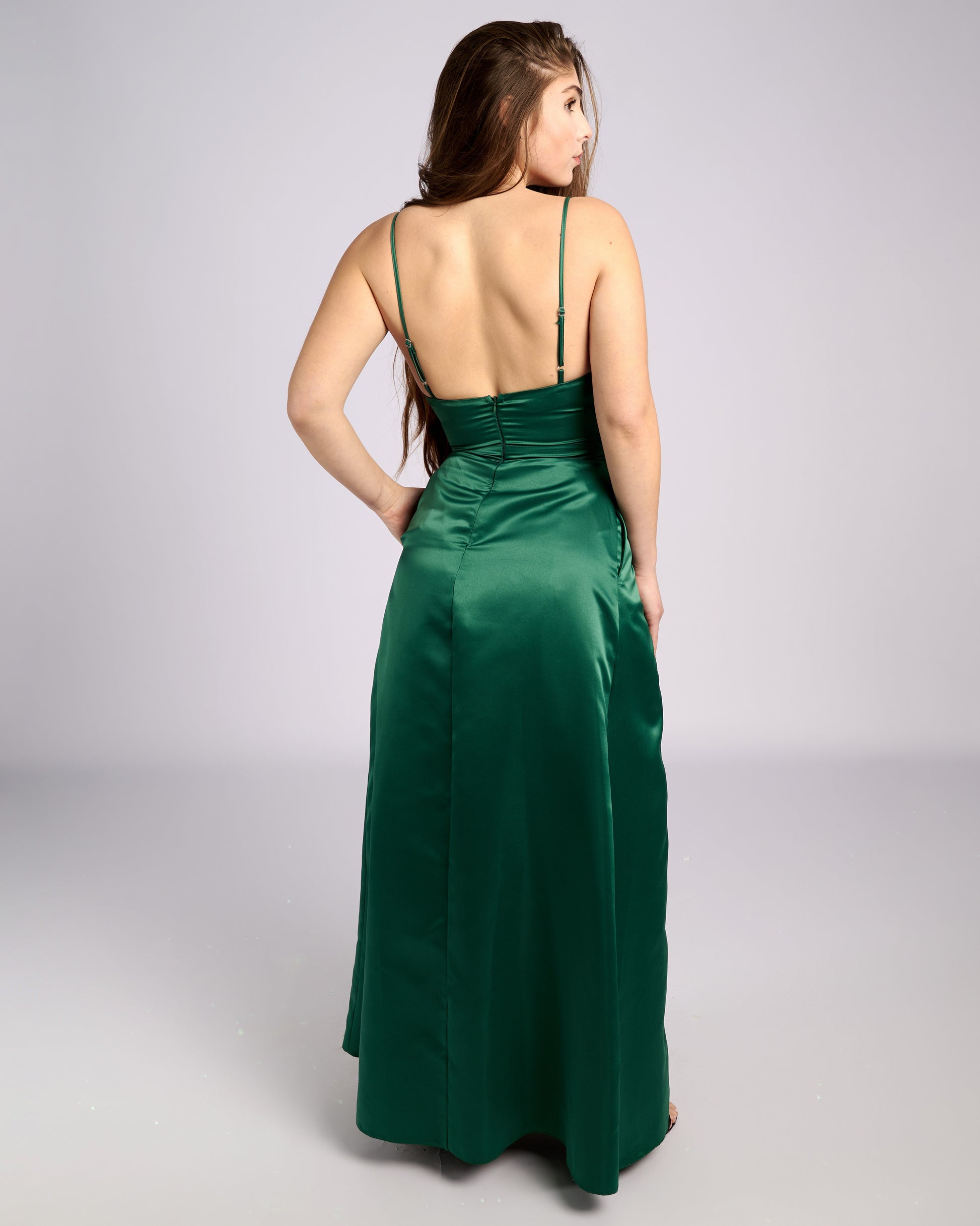 Ofelia Emerald Satin High Slit Dress "evening dresses" foremata gia gamo-4
