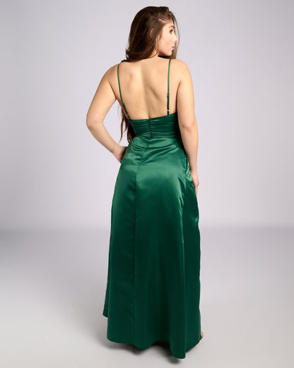 Ofelia Emerald Satin High Slit Dress "evening dresses" foremata gia gamo-4