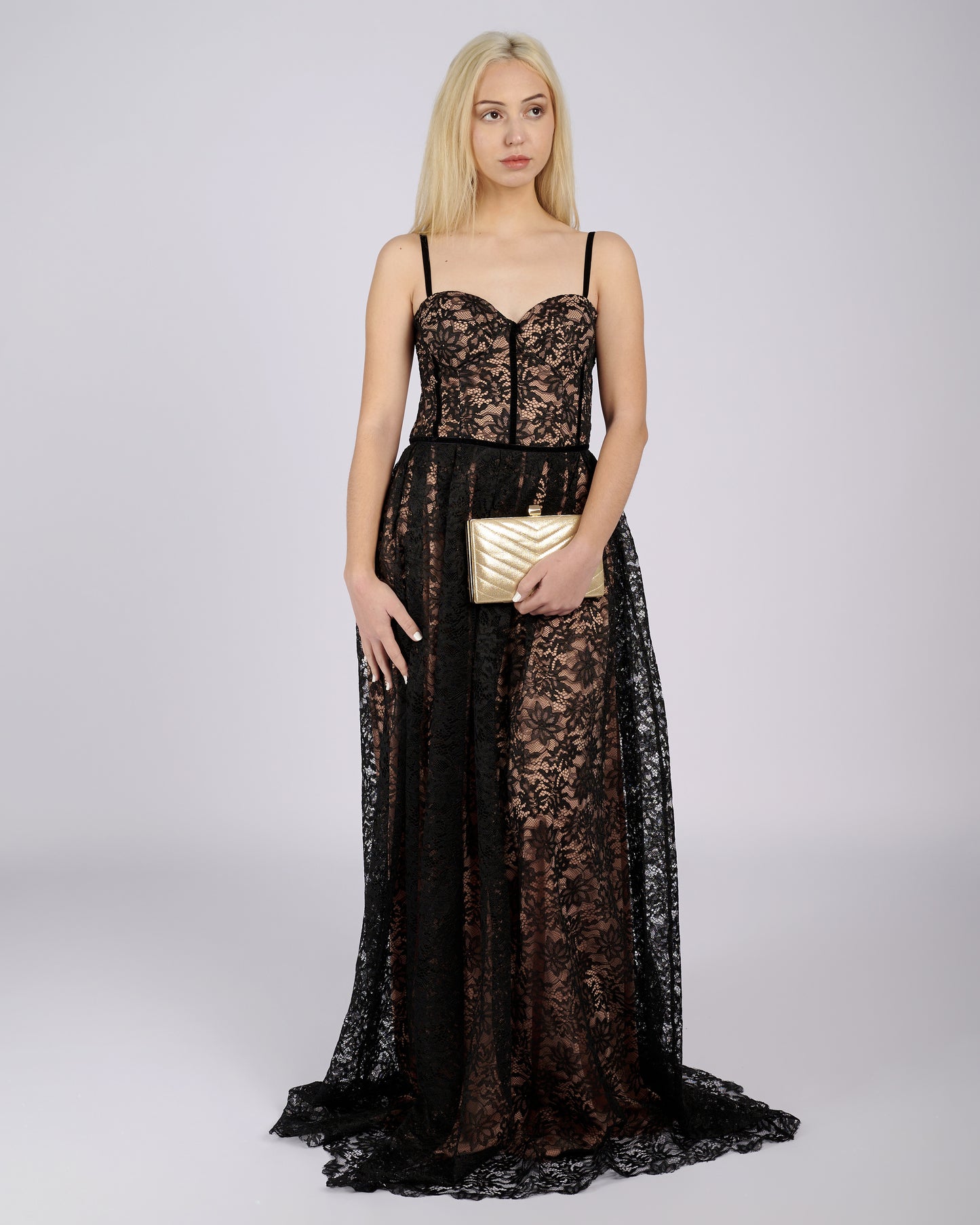 Stefania Black Floral Lace Maxi Dress φορέματα βραδινά-3