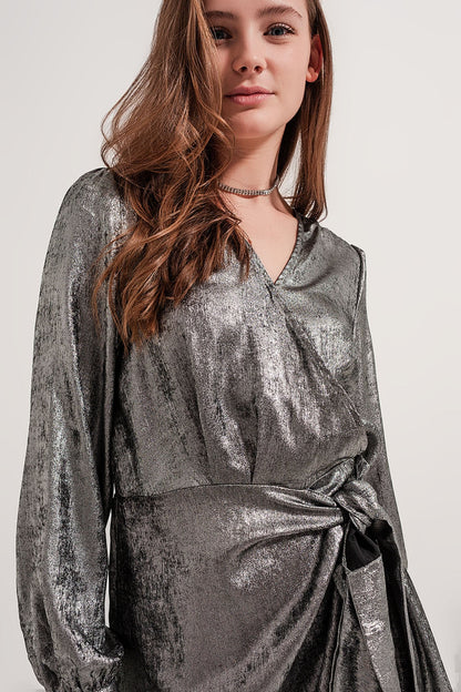 Tied Knot Front Mini Dress in Silver-3