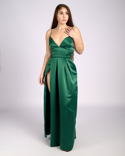 Ofelia Emerald Satin High Slit Dress "evening dresses" foremata gia gamo-2
