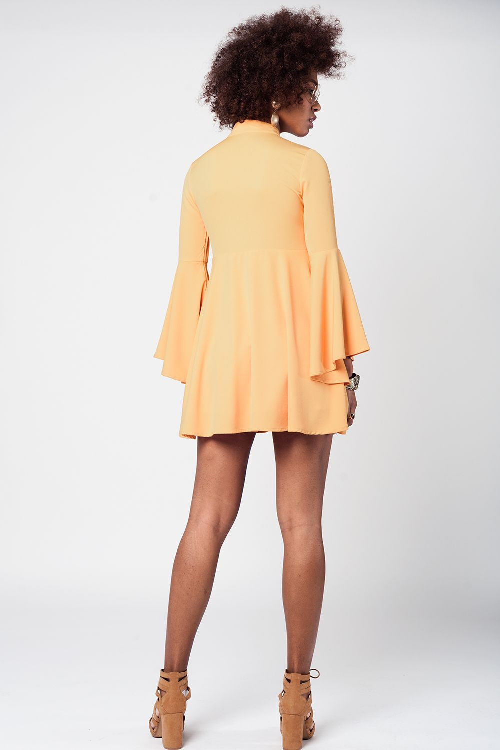 Yellow Bell Sleeve Plunge Dress-2