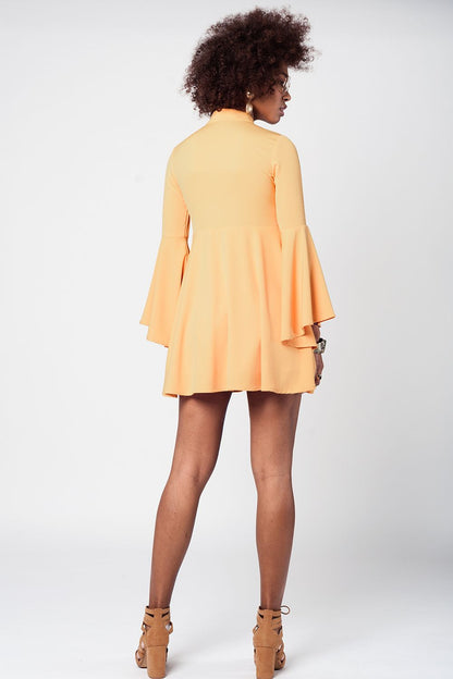 Yellow Bell Sleeve Plunge Dress-2