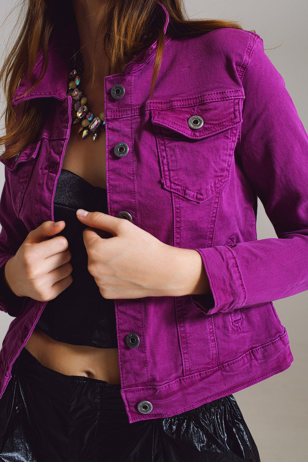 Slim Denim Trucker Jacket in Fuchsia-4