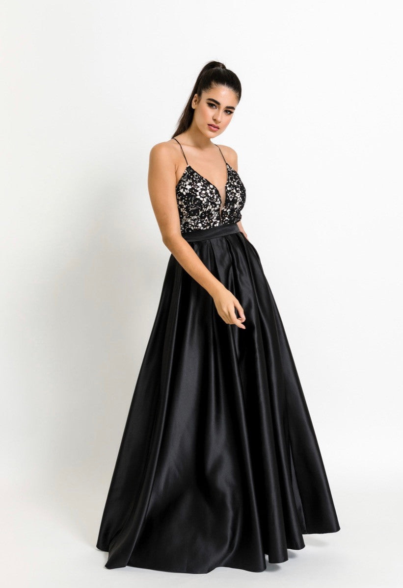 Long Satin Dress with lace and hems on the corset with open back-6