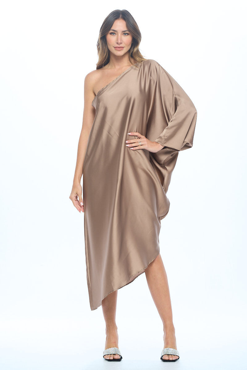 Satin Oversize One Shoulder Asymmetrical Dress-2