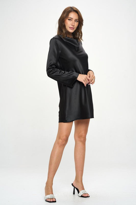 Satin Cowl Neck Long Sleeve Dress-2