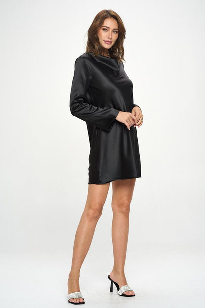 Satin Cowl Neck Long Sleeve Dress-2