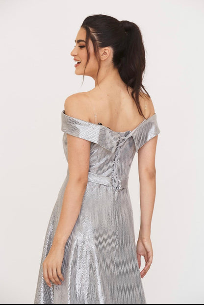 Shiny Silver Evening dress off Shoulders-2