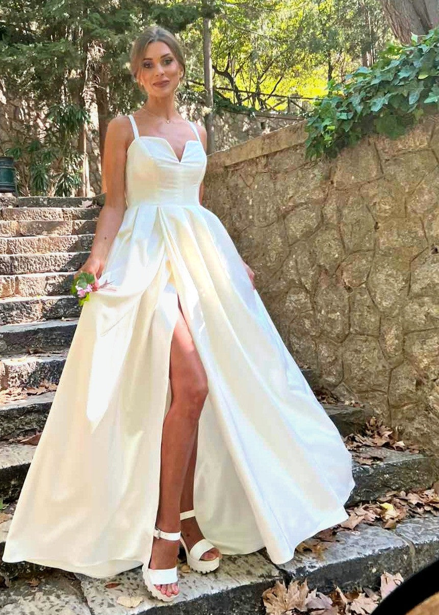 Marquise  White Cream Satin Bridal Dress with a Slit-2