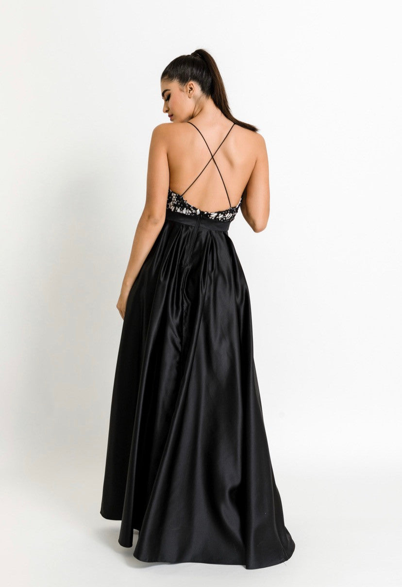 Long Satin Dress with lace and hems on the corset with open back-5